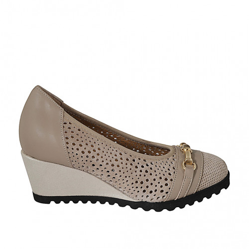 Woman's pump with removable insole and gold accessory in beige leather and beige pierced suede wedge heel 6 - Available sizes:  31, 32, 34, 42, 45