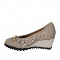 Woman's pump with removable insole and gold accessory in beige leather and beige pierced suede wedge heel 6 - Available sizes:  42, 45