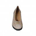 Woman's pump with removable insole and gold accessory in beige leather and beige pierced suede wedge heel 6 - Available sizes:  31, 32, 34, 42, 45