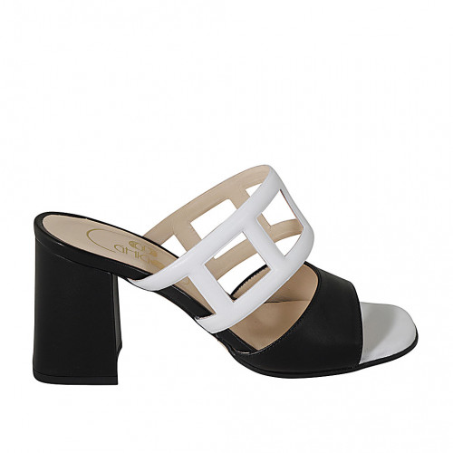 Woman's mules with squared holes in black and white leather heel 8 - Available sizes:  32, 33, 34, 42, 43, 44, 45