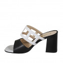 Woman's mules with squared holes in black and white leather heel 8 - Available sizes:  32, 33, 34, 42, 43, 44, 45