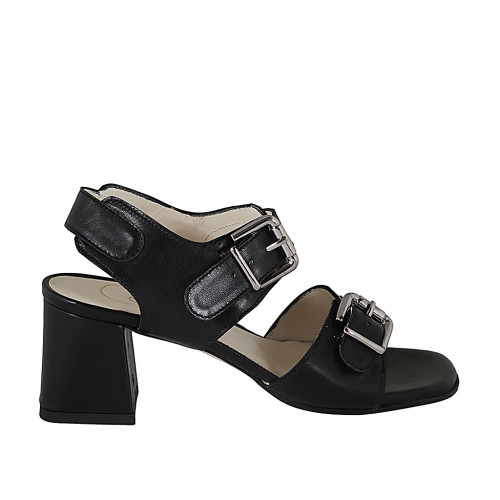 Sandale pour femmes avec boucles réglables en cuir noir talon 6 - Pointures disponibles:  32, 33, 34, 42, 43, 44, 46