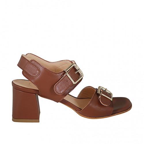 Woman's sandal with adjustable buckles in cognac brown leather heel 6 - Available sizes:  32, 33, 34, 42, 43, 44, 45, 46