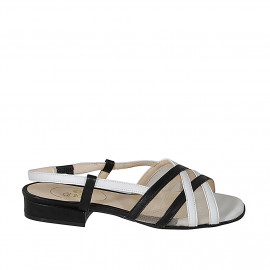 Woman's sandal in black and white leather with fabric and elastic band heel 2 - Available sizes: 32, 33, 42, 43, 44, 45