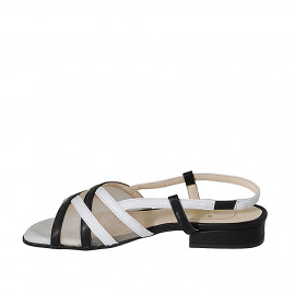 Woman's sandal in black and white leather with fabric and elastic band heel 2 - Available sizes:  32, 33, 42, 44 2