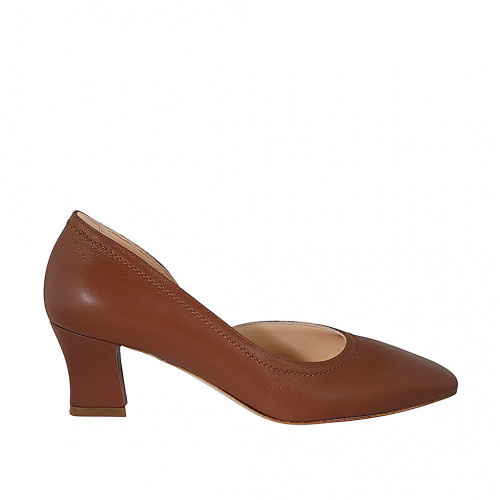 Escarpin pour femmes à côté ouvert en cuir cognac talon 5 - Pointures disponibles:  32, 33, 34, 42, 43, 44, 45, 46