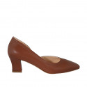 Woman's pump with sidecut in cognac brown leather heel 5 - Available sizes:  32, 33, 34, 42, 43, 44, 45, 46