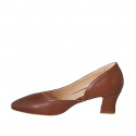 Zapato para mujer con corte lateral en piel cognac tacon 5 - Tallas disponibles:  32, 33, 34, 42, 43, 44, 45, 46