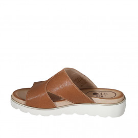 Woman's mule in cognac brown leather wedge heel 3 - Available sizes:  42 2