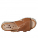 Woman's mule in cognac brown leather wedge heel 3 - Available sizes:  32, 33, 34, 42, 43, 44, 45, 46