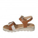 Woman's sandal in cognac brown leather and platinum printed beige leather with strap wedge heel 3 - Available sizes:  32, 33, 42, 43, 44, 45, 46