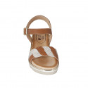 Woman's sandal in cognac brown leather and platinum printed beige leather with strap wedge heel 3 - Available sizes:  32, 33, 42, 43, 44, 45, 46