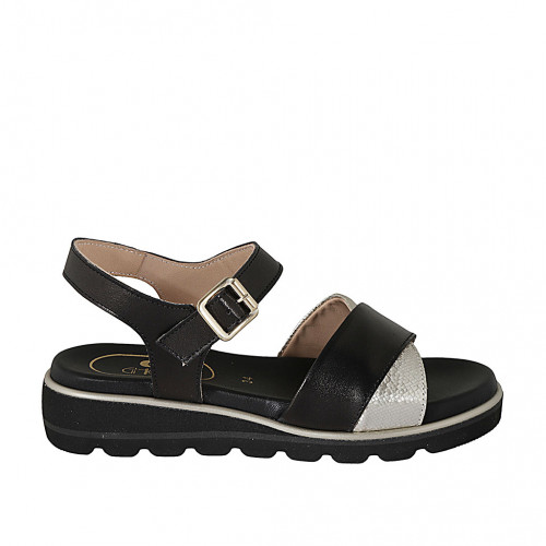 Woman's sandal in black leather and platinum laminated printed leather with strap wedge heel 3 - Available sizes:  32, 33, 34, 42, 43, 44, 46