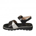 Woman's sandal in black leather and platinum laminated printed leather with strap wedge heel 3 - Available sizes:  32, 33, 34, 42, 43, 44, 46