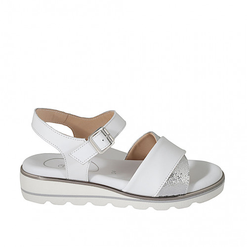 Woman's sandal in white leather and silver laminated printed leather with strap and crossed bands wedge heel 3 - Available sizes:  32, 33, 42, 43, 44, 45, 46