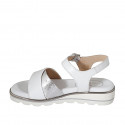 Woman's sandal in white leather and silver laminated printed leather with strap and crossed bands wedge heel 3 - Available sizes:  32, 33, 42, 43, 44, 45, 46