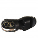 Sandale pour femmes avec fermeture velcro et goujon en cuir et cuir tressé noir talon compensé 3 - Pointures disponibles:  44