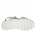 Woman's sandal with velcro strap and stud in white leather and platinum printed leather wedge heel 3 - Available sizes:  32, 33, 42, 43, 44, 45