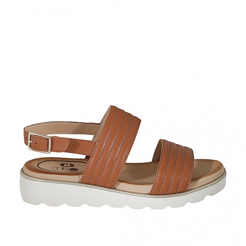 Woman's sandal in cognac brown leather wedge heel 3 - Available sizes:  32, 33, 34, 42, 43, 44, 45