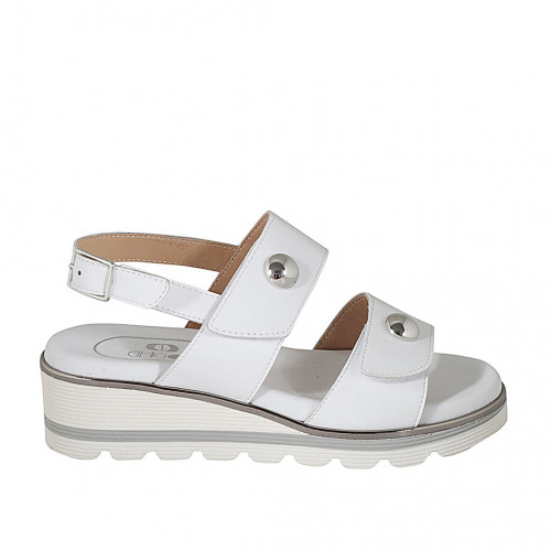 Woman's sandal with velcro strap and studs in white leather with wedge heel 4 - Available sizes:  32, 42, 43, 44, 45, 46