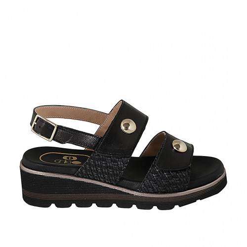 Woman's sandal in black leather and braided leather with velcro straps and studs wedge heel 4 - Available sizes:  32, 33, 42, 43, 44, 45, 46