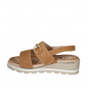 Woman's sandal with accessory in cognac brown leather wedge heel 4 - Available sizes:  33, 34, 42, 43, 44, 45, 46