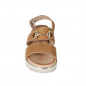 Woman's sandal with accessory in cognac brown leather wedge heel 4 - Available sizes:  33, 34, 42, 43, 44, 45, 46