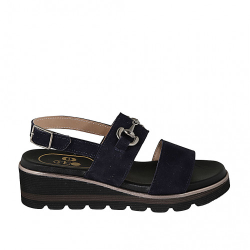 Woman's sandal in blue suede with accessory wedge heel 4 - Available sizes:  32, 33, 34, 42, 43, 44, 45, 46
