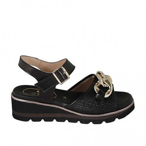 Woman's sandal with strap and chain in black leather and braided leather wedge heel 4 - Available sizes:  32, 33, 34, 43, 44, 46