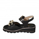 Woman's sandal with strap and chain in black leather and braided leather wedge heel 4 - Available sizes:  32, 33, 34, 43, 44, 46