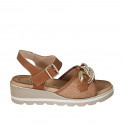 Woman's sandal with strap and chain in cognac brown leather and printed leather wedge heel 4 - Available sizes:  33, 44, 45, 46