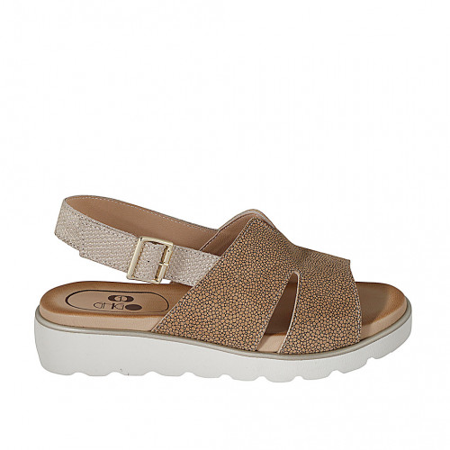 Woman's sandal in sand and platinum printed leather wedge heel 3 - Available sizes:  33, 42, 43, 44, 45, 46
