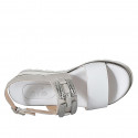 Woman's sandal with accessory in white and grey leather wedge heel 4 - Available sizes:  33, 34, 43, 44, 45, 46