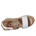 Woman's sandal with accessory in beige and white leather wedge heel 4 - Available sizes:  32, 34, 42, 43, 44, 45, 46