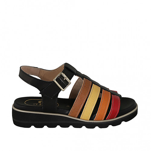 Sandale pour femmes avec courroie en cuir noir, cognac, jaune, orange et rouge talon compensé 3 - Pointures disponibles:  32, 33, 34, 42, 43, 44, 45, 46