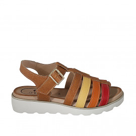 Woman's sandal with strap in cognac, yellow, orange and red leather wedge heel 3 - Available sizes:  43