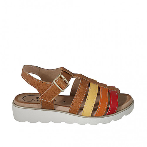 Woman's sandal with strap in cognac, yellow, orange and red leather wedge heel 3 - Available sizes:  33, 43, 44, 46