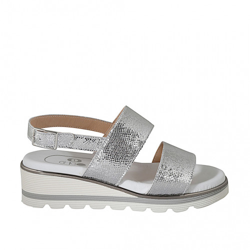 Sandalo da donna in pelle stampata e laminata argento zeppa 4 - Misure disponibili: 44, 45