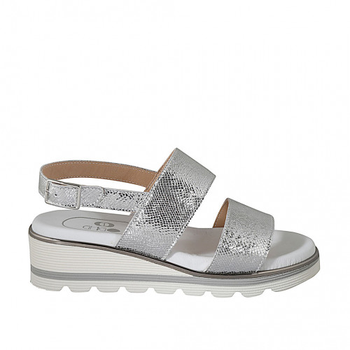 Woman's sandal in silver laminated and printed leather wedge heel 4 - Available sizes:  32, 34, 42, 43, 44, 45, 46