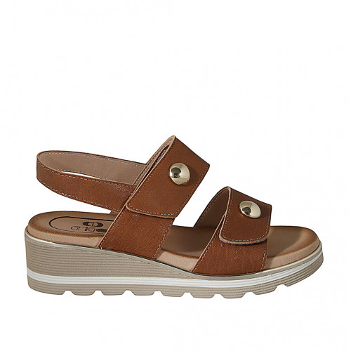 Woman's sandal with velcro strap and studs in cognac brown leather wedge heel 4 - Available sizes:  33, 34, 42, 43, 44, 45, 46