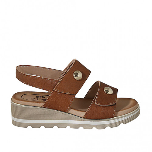 Woman's sandal with velcro strap and studs in cognac brown leather wedge heel 4 - Available sizes:  42, 44
