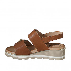 Woman's sandal with velcro strap and studs in cognac brown leather wedge heel 4 - Available sizes:  42 2