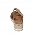 Woman's sandal with velcro strap and studs in cognac brown leather wedge heel 4 - Available sizes:  42, 44