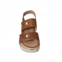 Woman's sandal with velcro strap and studs in cognac brown leather wedge heel 4 - Available sizes:  42, 44