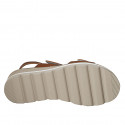 Woman's sandal with velcro strap and studs in cognac brown leather wedge heel 4 - Available sizes:  42, 44