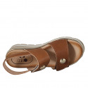 Woman's sandal with velcro strap and studs in cognac brown leather wedge heel 4 - Available sizes:  42, 44