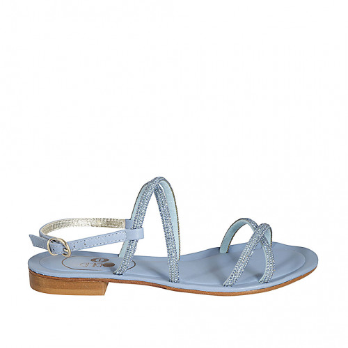 Sandalia con estras para mujer en piel azul claro tacon 1 - Tallas disponibles:  33, 34, 43, 44