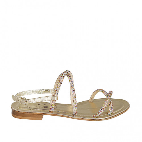 Woman's sandal with multicolored rhinestones in platinum laminated leather heel 1 - Available sizes:  33, 34, 42, 43, 44, 45