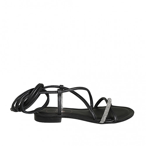Sandale spartiates à lacets avec strass pour femmes en cuir noir talon 1 - Pointures disponibles:  34, 45