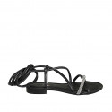 Sandale spartiates à lacets avec strass pour femmes en cuir noir talon 1 - Pointures disponibles:  33, 34, 42, 43, 44, 45